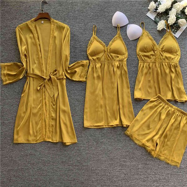 women's shorts 4 pcs set pajamas woman lace spaghetti strap robe long sleeve ice silk pajama satin sleepwear 4gbx, White;black
women's shorts 4 pcs set pajamas woman lace spaghetti strap robe long sleeve ice silk pajama satin sleepwear 4gbx, White;black