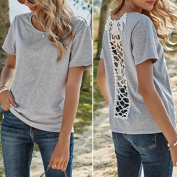 women's t-shirt slim solid color loose round neck cross open back lace stitching short sleeve, White
women's t-shirt slim solid color loose round neck cross open back lace stitching short sleeve, White