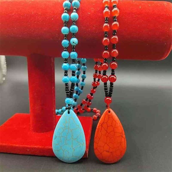 new red pine stone drop pendant necklace fashion bohemian national style long necklace night market, Black