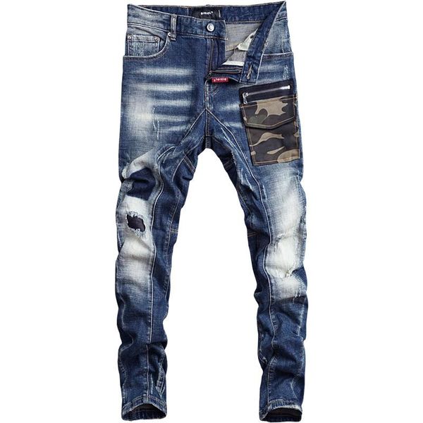 men's jeans italian style fashion men camouflage pocket spliced designer ripped homme streetwear hip hop, Blue
men's jeans italian style fashion men camouflage pocket spliced designer ripped homme streetwear hip hop, Blue