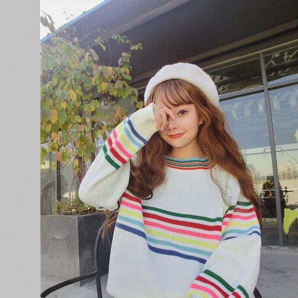 womens japanese sweater harajuku cute sweet rainbow stripe loose long sleeve female korean kawaii knitted jumper and pullover, White;black
womens japanese sweater harajuku cute sweet rainbow stripe loose long sleeve female korean kawaii knitted jumper and pullover, White;black