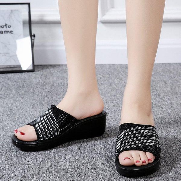 slippers genuine leather women's shoes summer platform sandals plus size rhinestone casual wedges slides, Black
slippers genuine leather women's shoes summer platform sandals plus size rhinestone casual wedges slides, Black