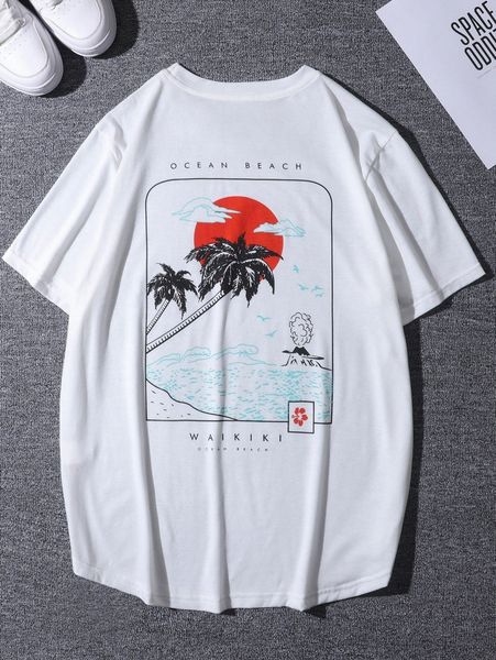 men letter & scenery print tee 4680#, White;black 
men letter & scenery print tee 4680#, White;black