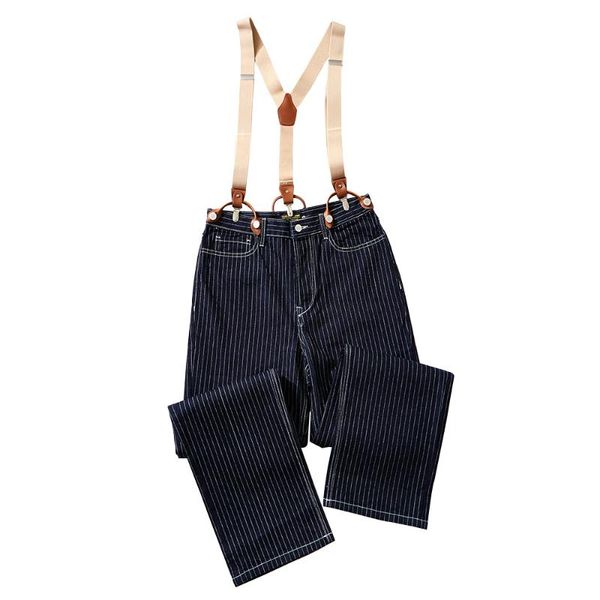 men's jeans vertical stripes denim suspender pants mens amekaji vintage overalls casual loose bib trousers men, Blue
men's jeans vertical stripes denim suspender pants mens amekaji vintage overalls casual loose bib trousers men, Blue