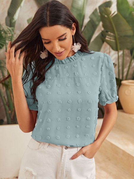 swiss dot frill neck blouse q7ug#, White