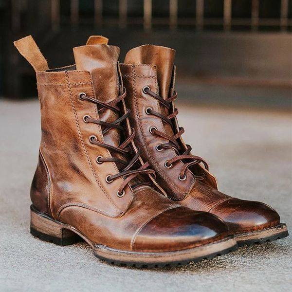 new round head lace up casual fashion thick heel men's boots oversized 44-48, Black