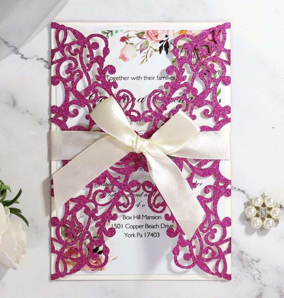 greeting cards 50pcs gold blue silver glitter paper laser cut wedding invitation with ribbon personalized decoration
greeting cards 50pcs gold blue silver glitter paper laser cut wedding invitation with ribbon personalized decoration