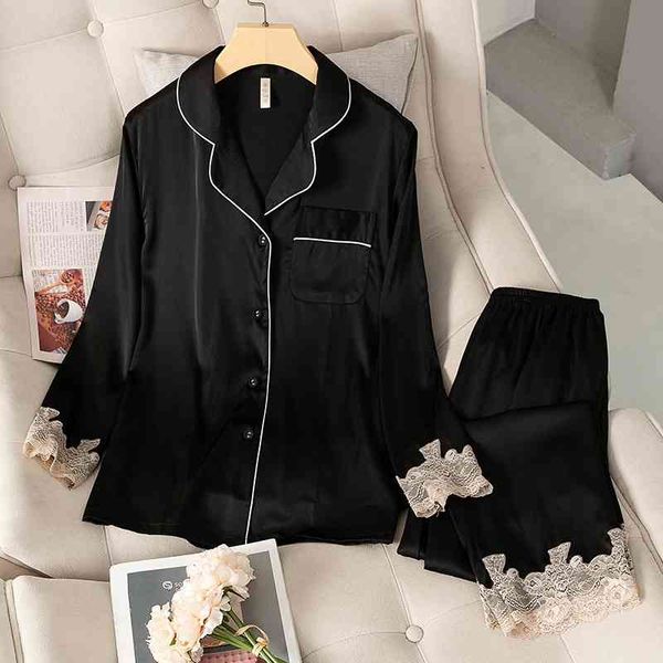 women's sleepwear pyjama pour femme women pajamas set lace trim long sleeve home suit spring summer thin faux silk satin elastic w, Black;red
women's sleepwear pyjama pour femme women pajamas set lace trim long sleeve home suit spring summer thin faux silk satin elastic w, Black;red