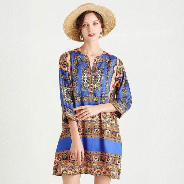 casual dresses jry spring fashion dress women v-neck seven-point sleeve lady printing loose retro blue, Black;gray 
casual dresses jry spring fashion dress women v-neck seven-point sleeve lady printing loose retro blue, Black;gray