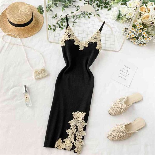 women split black lace v collar high waist knit sweater dress sleeveless package hip vestidos j176 210527, Black;gray
women split black lace v collar high waist knit sweater dress sleeveless package hip vestidos j176 210527, Black;gray