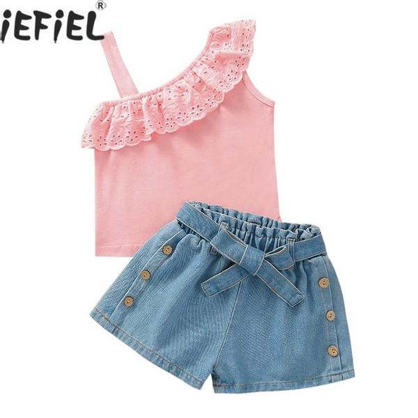 clothing sets kids girls clothes strap one shoulder ruffle t shirts +belted denim button shorts outfits children 1-5y, White
clothing sets kids girls clothes strap one shoulder ruffle t shirts +belted denim button shorts outfits children 1-5y, White