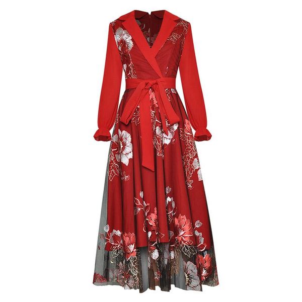 casual dresses flower embroidered red mesh splicing dress notched collar sash belt long sleeve plus size cleavage party, Black;gray 
casual dresses flower embroidered red mesh splicing dress notched collar sash belt long sleeve plus size cleavage party, Black;gray