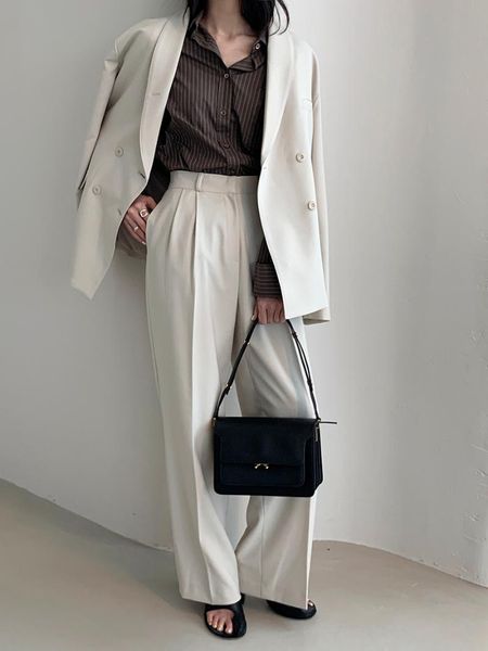 women's two piece pants high-quality office setup elegant two-piece suit fashion double-breasted blazer and high-waist wide-leg outfit, White
women's two piece pants high-quality office setup elegant two-piece suit fashion double-breasted blazer and high-waist wide-leg outfit, White