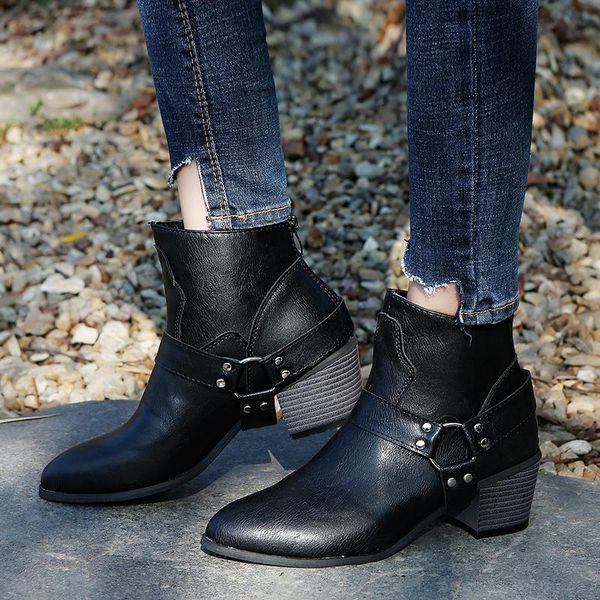 boots retro midi high block heel leather shoes short ankle metal buckle belted fashion spring autumn pumps, Black
boots retro midi high block heel leather shoes short ankle metal buckle belted fashion spring autumn pumps, Black