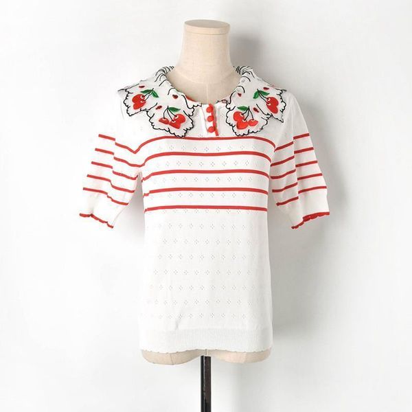 women's sweaters 2021 summer women fashion sweater stripes stitch embroidery cherry lace turn-down collar short-sleeved knitted pullove, White;black
women's sweaters 2021 summer women fashion sweater stripes stitch embroidery cherry lace turn-down collar short-sleeved knitted pullove, White;black