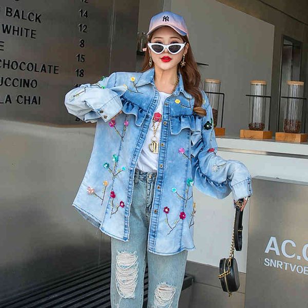 jackets european station 2021 spring new western style flower denim ruffled shirt outer wear women's mid-length loose top, Black;brown
jackets european station 2021 spring new western style flower denim ruffled shirt outer wear women's mid-length loose top, Black;brown