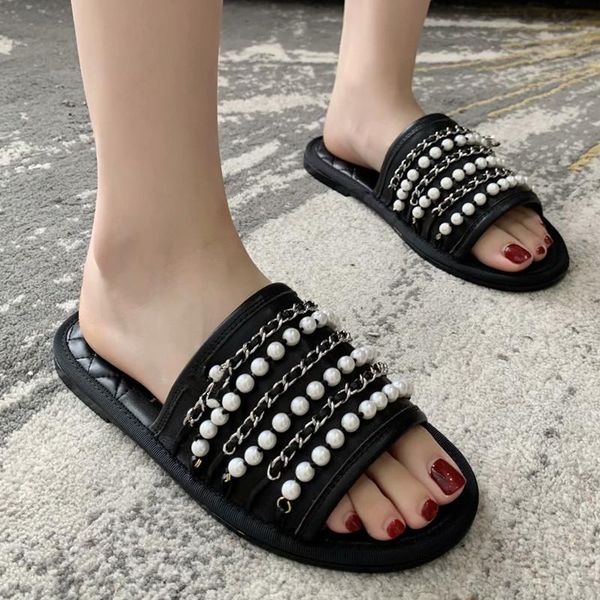 slippers chains pearls decor women soft leather summer slides casual sandals, Black
slippers chains pearls decor women soft leather summer slides casual sandals, Black