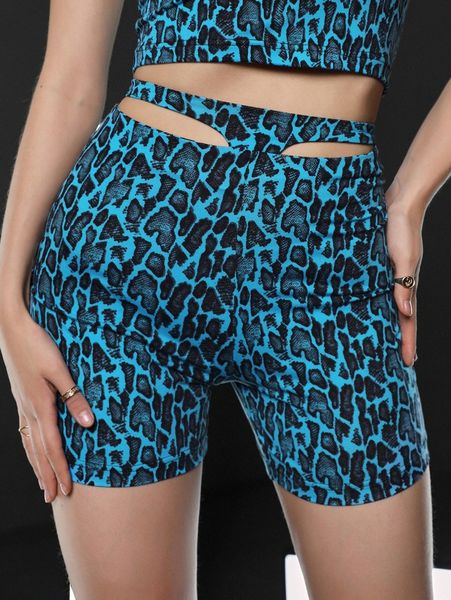 allover print cut out biker shorts 21ct#, Black