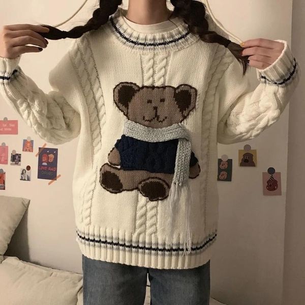 women's sweaters 2021 autumn winter kawaii cute girls bear sweater preppy style jk pullover jersey mujer, White;black
women's sweaters 2021 autumn winter kawaii cute girls bear sweater preppy style jk pullover jersey mujer, White;black