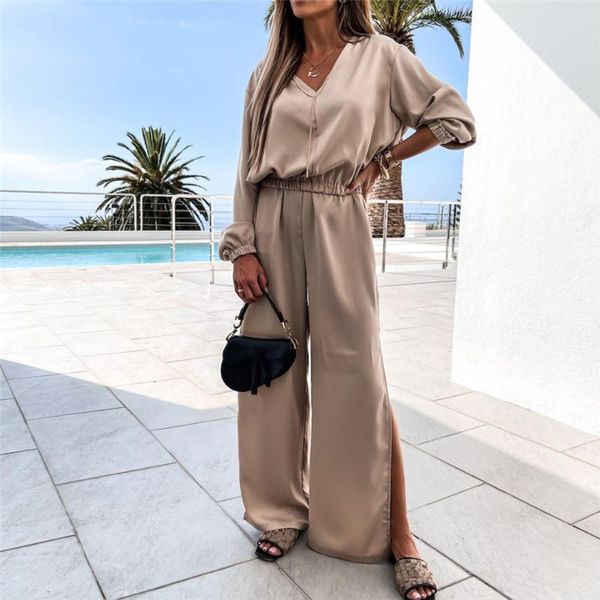 women's two piece pants 2021 autumn winter casual women sport set outfits lantern sleeve v-neck solid slit wide leg woman clothes, White
women's two piece pants 2021 autumn winter casual women sport set outfits lantern sleeve v-neck solid slit wide leg woman clothes, White