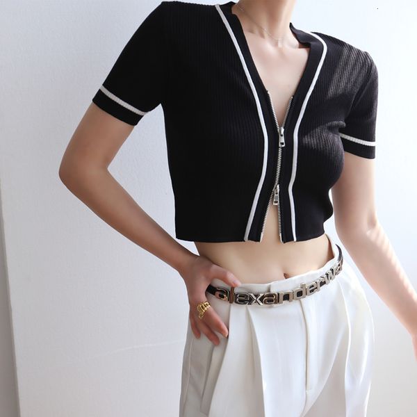 women's t-shirt v neck zipper short knitted cardigans contrast slim sleeve high waist women crop thin summer t-shirts 2021 ro, White
women's t-shirt v neck zipper short knitted cardigans contrast slim sleeve high waist women crop thin summer t-shirts 2021 ro, White