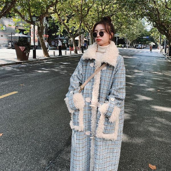 women's wool & blends korean autumn winter trendy horn buckle plaid plush splicing woolen coat over-the-knee long loose style, Black
women's wool & blends korean autumn winter trendy horn buckle plaid plush splicing woolen coat over-the-knee long loose style, Black