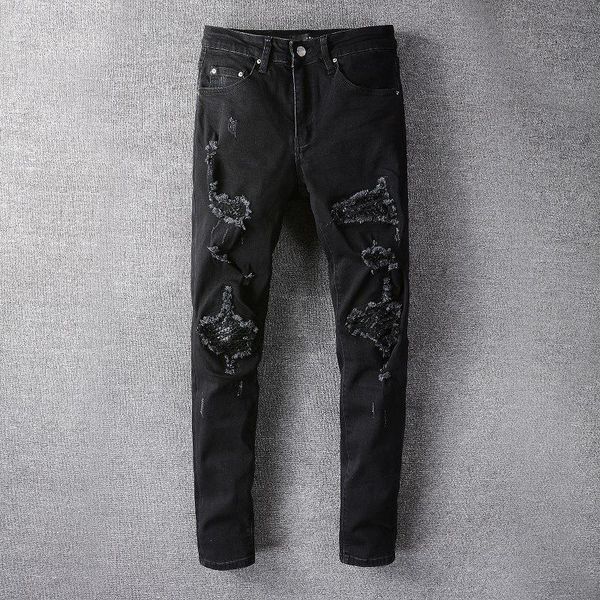 fashion brand black ripped jeans men leather patch male slim fit stretchy mens solid destroyed jean homme de marque men's, Blue
fashion brand black ripped jeans men leather patch male slim fit stretchy mens solid destroyed jean homme de marque men's, Blue
