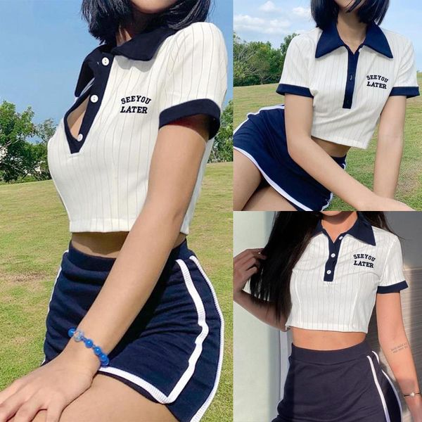women's t-shirt striped print t-shirts lapel button front short sleeve crop academic style, White
women's t-shirt striped print t-shirts lapel button front short sleeve crop academic style, White
