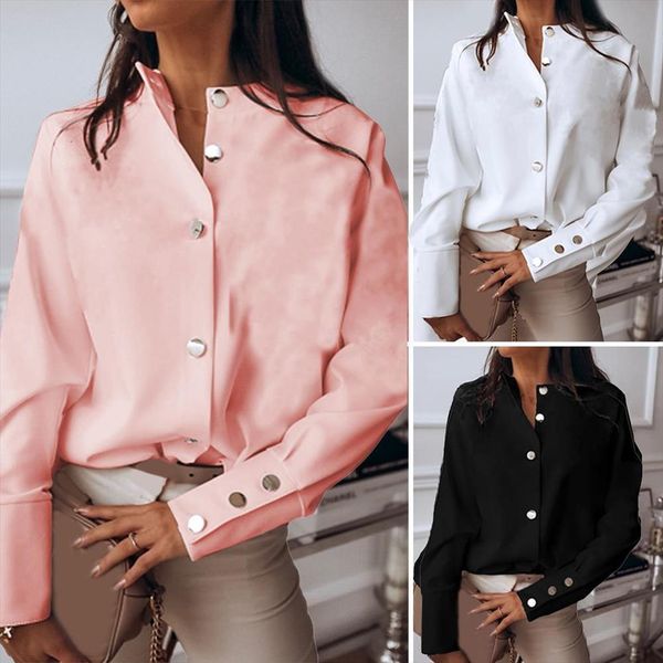 fashion stand collar long sleeve women blouses single breasted buttons cuff for office casual, White
fashion stand collar long sleeve women blouses single breasted buttons cuff for office casual, White