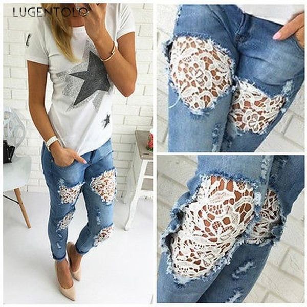 hole jeans woman lace stitching mid waist 2021 summer fashion button medium full length street style lugentolo women's, Blue
hole jeans woman lace stitching mid waist 2021 summer fashion button medium full length street style lugentolo women's, Blue