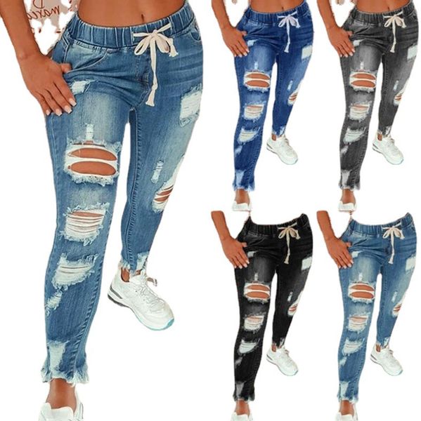 jeans women drawstring high waist stretch ripped hole denim pencil pants skinny trousers, Blue
jeans women drawstring high waist stretch ripped hole denim pencil pants skinny trousers, Blue