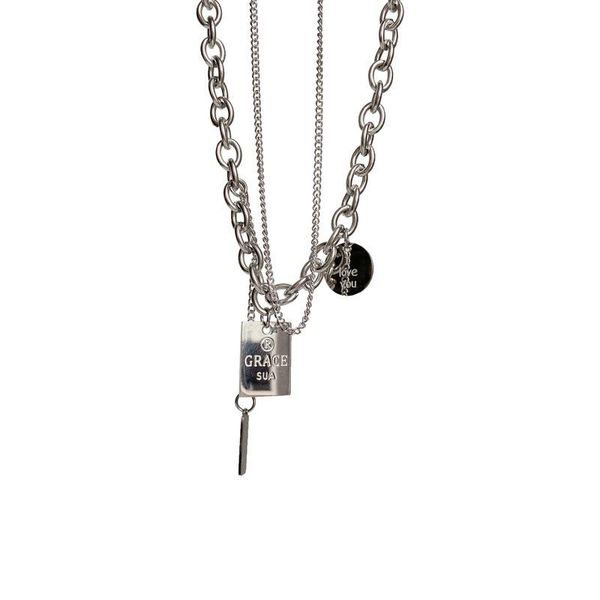 pendant necklaces potcet women's stainless steel double-layer square brand letter titanium necklace fashion hip hop party jewelry, Silver
pendant necklaces potcet women's stainless steel double-layer square brand letter titanium necklace fashion hip hop party jewelry, Silver