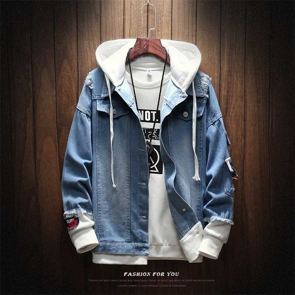 men's jacket spring and autumn fake two pieces patchwork denim hoodie casual hole large size 211126, Black;brown
men's jacket spring and autumn fake two pieces patchwork denim hoodie casual hole large size 211126, Black;brown