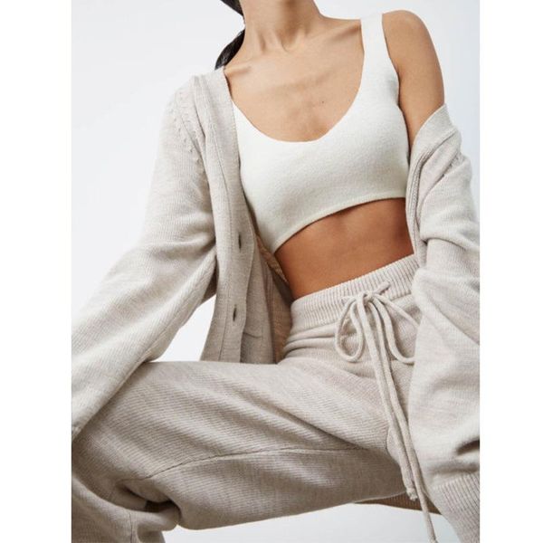 women's two piece pants korean color cotton knit trousers two-piece casual v-neck pocket cardigan drawstring slim straight trouser suit, White
women's two piece pants korean color cotton knit trousers two-piece casual v-neck pocket cardigan drawstring slim straight trouser suit, White