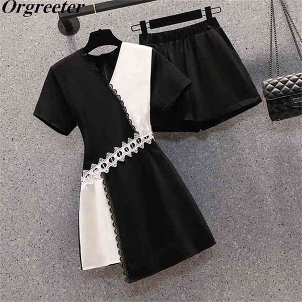 color contrast patchwork two piece set women summer v-neck lace trim long blouse and elastic waist shorts suits 210602, White
color contrast patchwork two piece set women summer v-neck lace trim long blouse and elastic waist shorts suits 210602, White