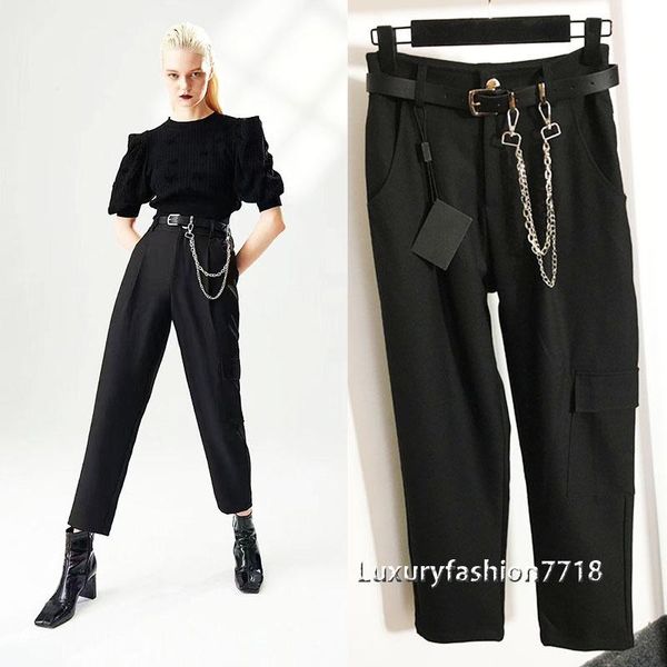 women's pants & capris fashion personality long fall for women metal chain belt waist retraction design casual trousers woman, Black;white 
women's pants & capris fashion personality long fall for women metal chain belt waist retraction design casual trousers woman, Black;white