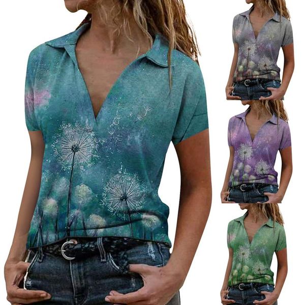 women's t-shirt fashionable slim fashion lapel landscape dandelion print button short sleeve pullover manche courte, White
women's t-shirt fashionable slim fashion lapel landscape dandelion print button short sleeve pullover manche courte, White