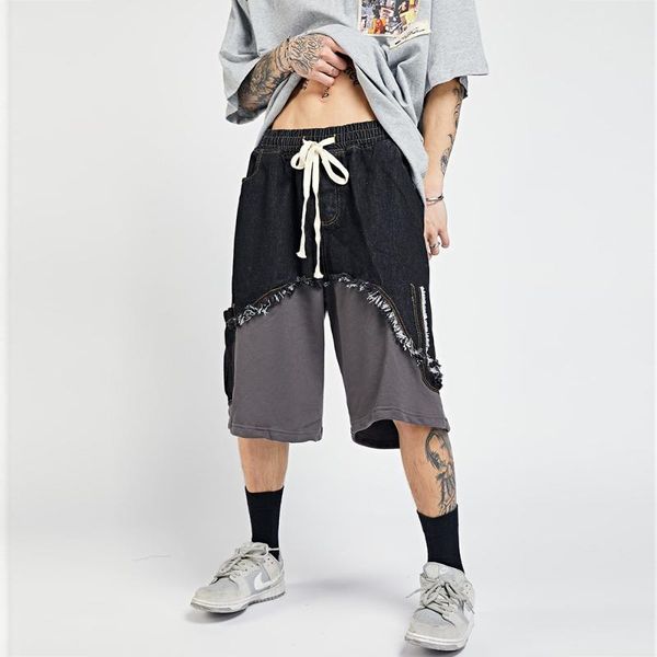 men's shorts streetwear hip hop vintage denim splice loose casual oversize male straight short jeans pants, White;black
men's shorts streetwear hip hop vintage denim splice loose casual oversize male straight short jeans pants, White;black