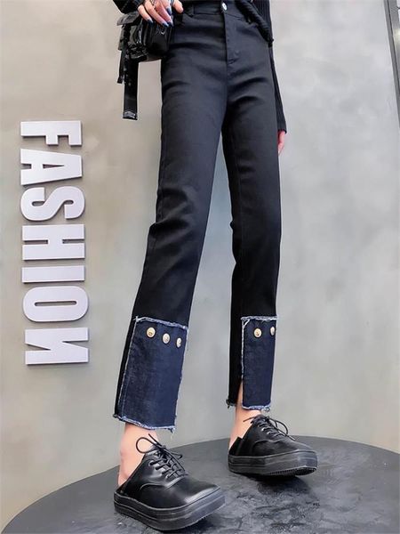 autumn casual pants women fashion korean stitching denim gold buckle split trousers women's & capris, Black;white
autumn casual pants women fashion korean stitching denim gold buckle split trousers women's & capris, Black;white