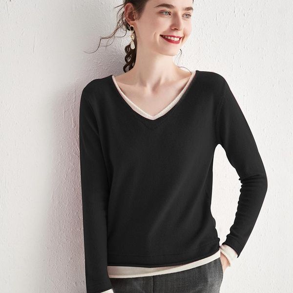 women's sweaters autumn and winter 100% pure wool v-neck fake two-piece soft knitted bottoming sweater color matching ethnic pullover, White;black
women's sweaters autumn and winter 100% pure wool v-neck fake two-piece soft knitted bottoming sweater color matching ethnic pullover, White;black