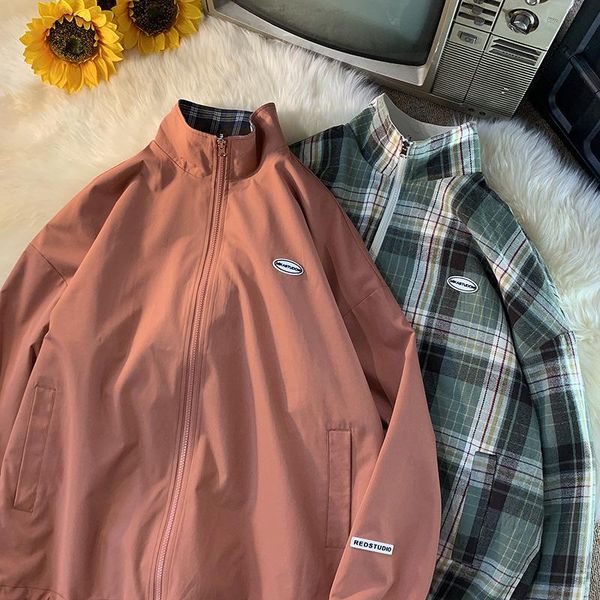 men's jackets 2021 coat spring autumn casual stand jacket men korean reversible plaid fashion all match loose fit women, Black;brown
men's jackets 2021 coat spring autumn casual stand jacket men korean reversible plaid fashion all match loose fit women, Black;brown