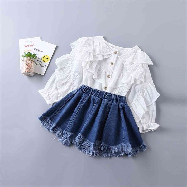 2 7 years girl clothing set spring fashion tiered ruched solid shirt denim skirt kid children, White
2 7 years girl clothing set spring fashion tiered ruched solid shirt denim skirt kid children, White