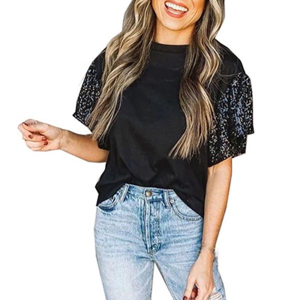 women's t-shirt blouse fashion sequins solid color splicing loose round neck short sleeve ruffle casual summer lr3, White
women's t-shirt blouse fashion sequins solid color splicing loose round neck short sleeve ruffle casual summer lr3, White