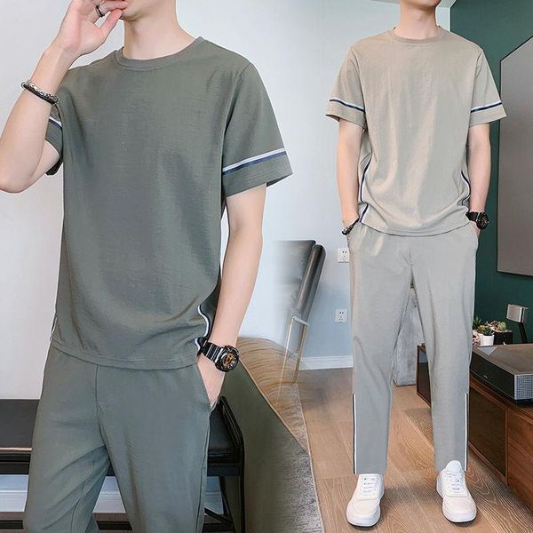 men's tracksuits summer ice silk short sleeve long suit simple fashion leisure sports thin size one, Gray
