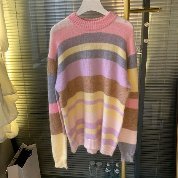 women's sweaters early autumn sweater rainbow striped loose o-neck casual ladies knit top, White;black
women's sweaters early autumn sweater rainbow striped loose o-neck casual ladies knit top, White;black