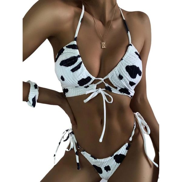 women's swimwear two-piece printed bikini set, triangle lace-up with bandage thong briefs swimsuit set 2021, White;black
women's swimwear two-piece printed bikini set, triangle lace-up with bandage thong briefs swimsuit set 2021, White;black
