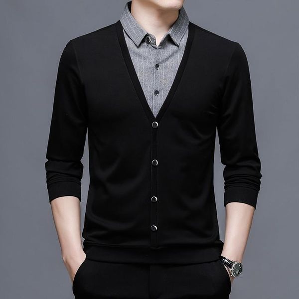 men's sweaters grade fake two fashion brand collared knit pullover sweater autum winter casual black collaree jumper men clothing, White;black
men's sweaters grade fake two fashion brand collared knit pullover sweater autum winter casual black collaree jumper men clothing, White;black