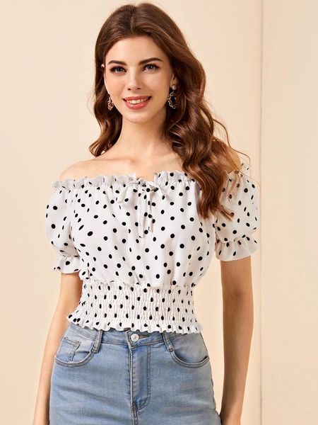 women's blouses & shirts summer polka dot chiffon shirt women slash neck off shoulder crop 2021 short sleeve ruched blouse, White
women's blouses & shirts summer polka dot chiffon shirt women slash neck off shoulder crop 2021 short sleeve ruched blouse, White