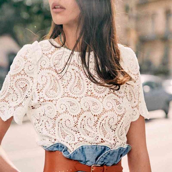 women's knits & tees hollow out blouse lace ruffle femme puff sleeve transparence crochet shirts chic retro mujer woman casual ele, White
women's knits & tees hollow out blouse lace ruffle femme puff sleeve transparence crochet shirts chic retro mujer woman casual ele, White