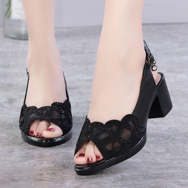 summer women's sandals reto pumps leather mesh fish mouth chunky heel semi-high heeled hollow out soft bottom mom vintage shoes dress, Black
summer women's sandals reto pumps leather mesh fish mouth chunky heel semi-high heeled hollow out soft bottom mom vintage shoes dress, Black